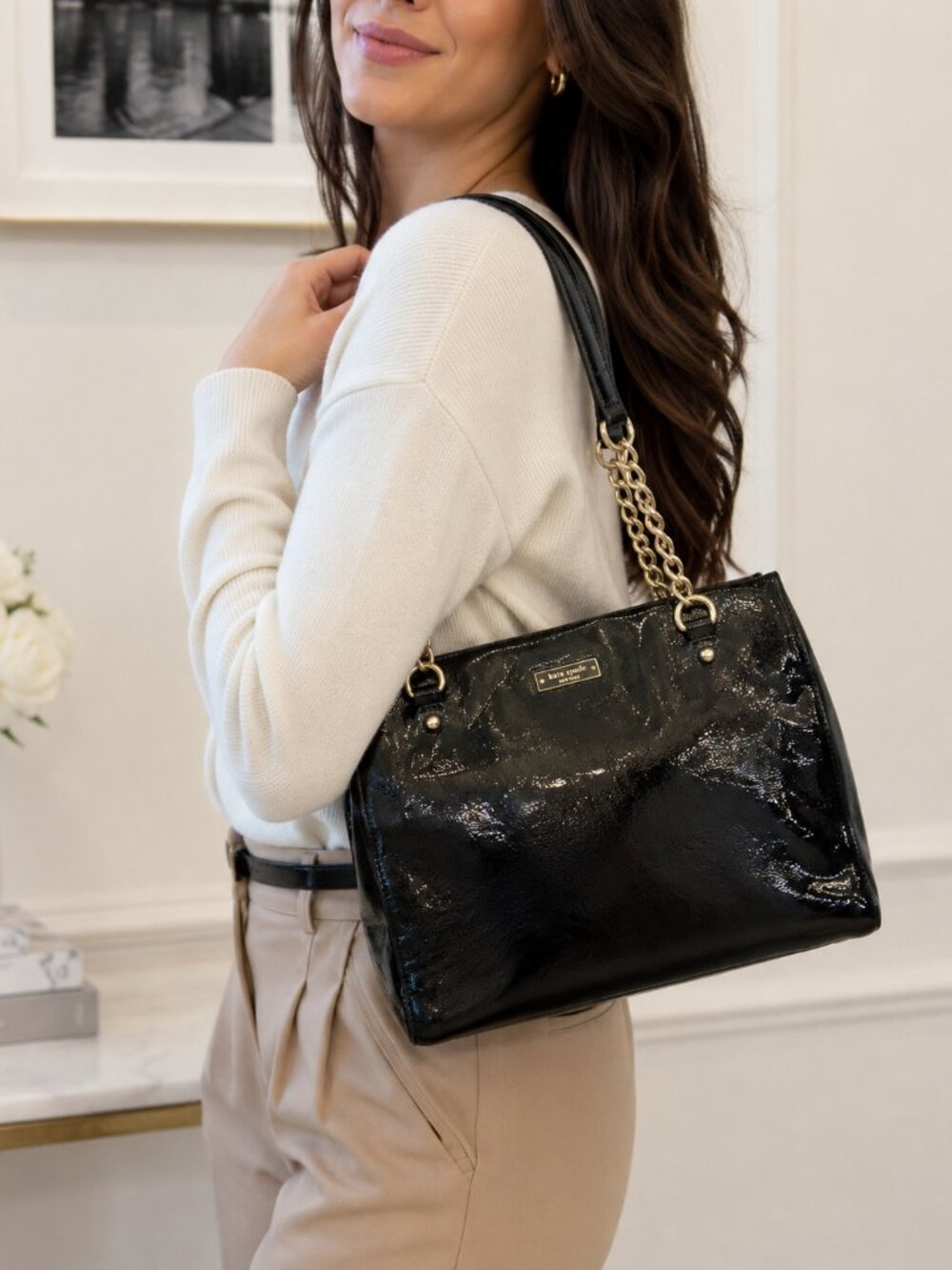 Kate Spade New York Black Patent Leather Chain Shoulder Bag Tote - Picture 4 of 14